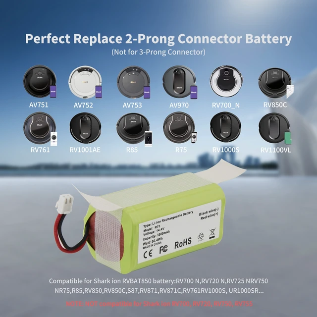 Alt view image 3 of 7 - 3500mAh 2-Prong Battery for Shark RVBAT850 Ion Robot Vacuum RV1001AE R75 R85 RV761 RV850C RV1000S