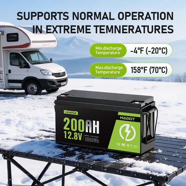 Alt view image 2 of 6 - MADOT 12V 200Ah LiFePO4 Lithium Battery Built-in BMS 15000+ Deep Cycle 2560Wh Low Temp Protection Lithium Batteries for RV Camping Marine Solar Trolling Motors Off-Grid