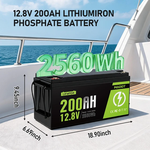 Alt view image 4 of 6 - MADOT 12V 200Ah LiFePO4 Lithium Battery Built-in BMS 15000+ Deep Cycle 2560Wh Low Temp Protection Lithium Batteries for RV Camping Marine Solar Trolling Motors Off-Grid