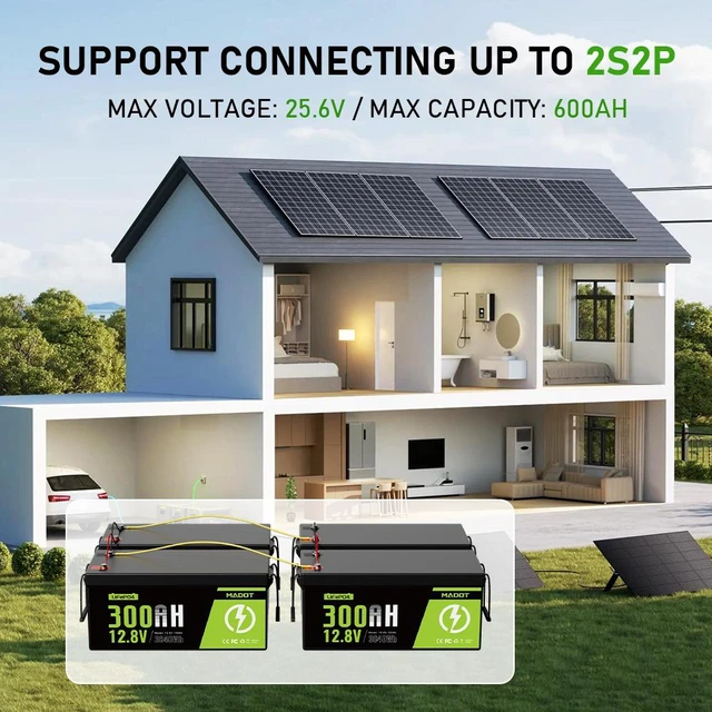 Alt view image 2 of 7 - MADOT 12V 300Ah LiFePO4 Battery, 3840Wh Lithium Battery Built-in BMS 15000 Deep Cycles, Low Temp Protection Lithium Iron Phosphate Battery for Home Energy, Solar, RV, Trolling Motor, Boat, Marine, Off