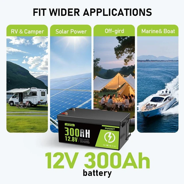 Alt view image 4 of 7 - MADOT 12V 300Ah LiFePO4 Battery, 3840Wh Lithium Battery Built-in BMS 15000 Deep Cycles, Low Temp Protection Lithium Iron Phosphate Battery for Home Energy, Solar, RV, Trolling Motor, Boat, Marine, Off
