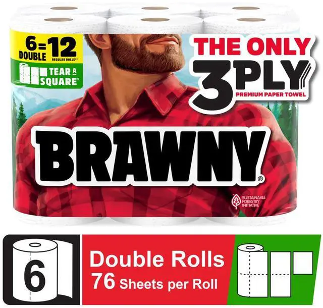 Main image of Brawny Tear-A-Square 3-Ply Paper Towels, 6 Double Rolls, 76 Sheets per Roll