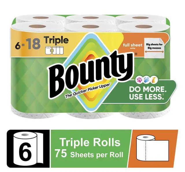 Main image of Bounty Paper Towels Full Sheet White, 6 Triple Rolls, 75 Sheets per Roll