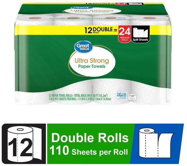 Main image of Great Value Ultra Strong Paper Towels, White, 12 Double Rolls, 1320 Sheets