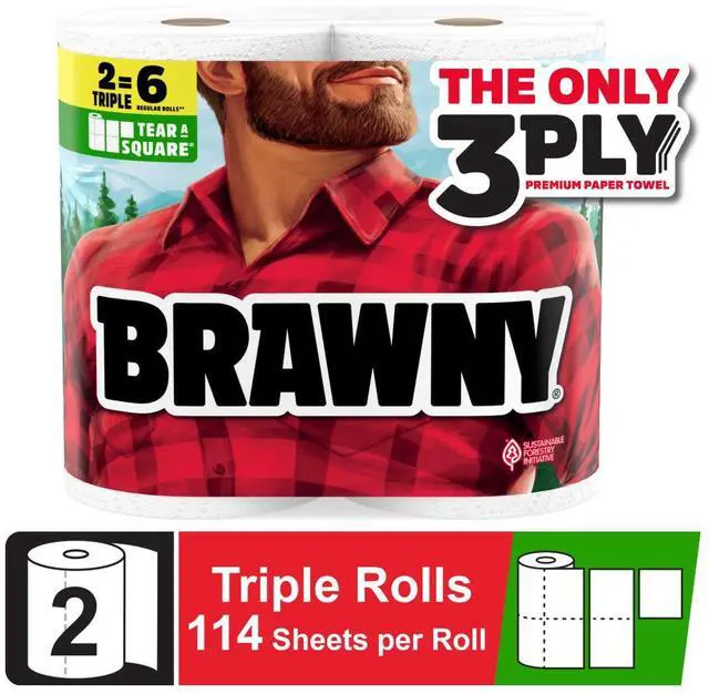 Main image of Brawny Tear-A-Square 3-Ply Paper Towels, 2 Triple Rolls, 114 Sheets per Roll