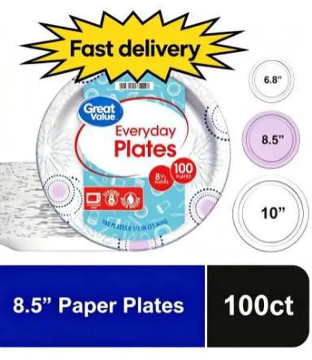 Main image of Great Value 8.5 Inch Disposable Paper Plates, 100 Count, Soak-Proof and Microwave Safe
