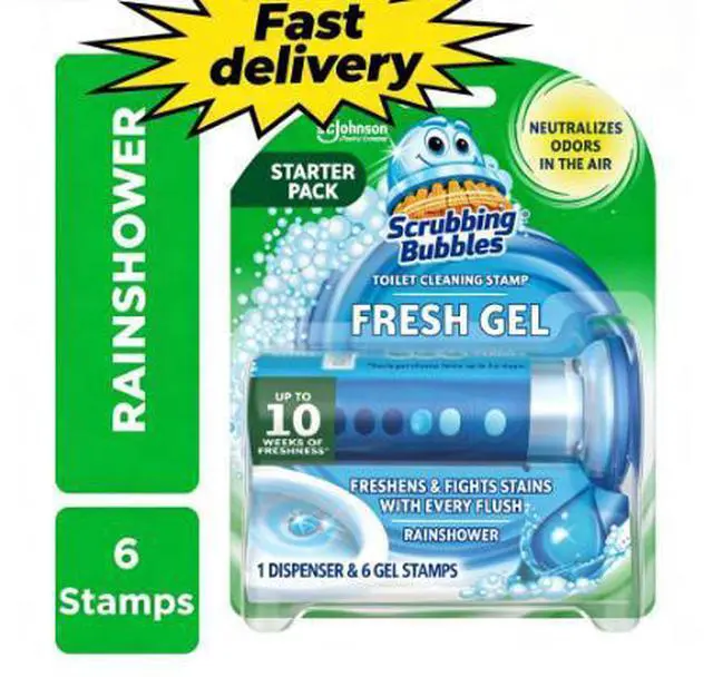 Main image of Scrubbing Bubbles Automatic Toilet Bowl Cleaner, Fresh Gel Cleaning Stamp, Rainshower, Dispenser & 6 Gel Stamps