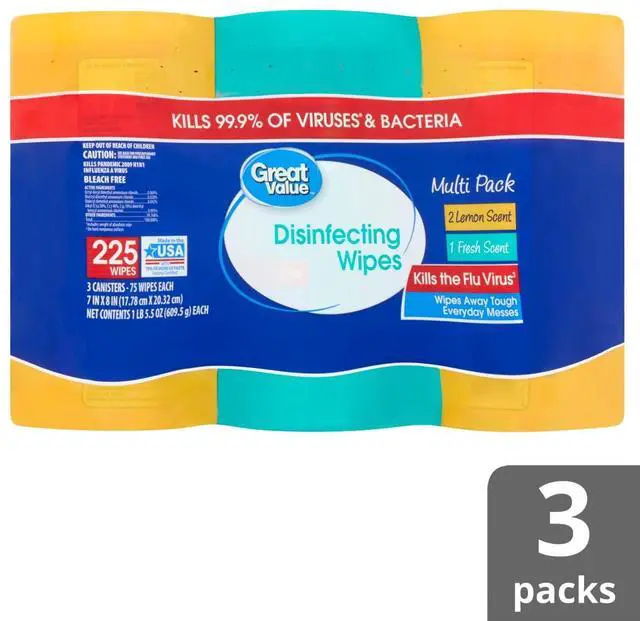 Main image of Great Value Disinfecting Wipes, Lemon and Fresh Scent, 225 Count, 3 Pack