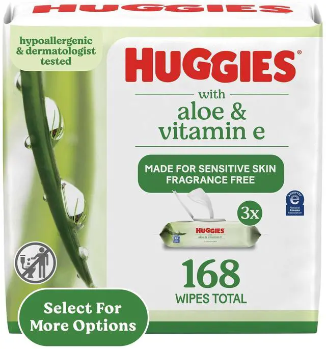 Main image of Huggies Wipes with Aloe & Vitamin E, Unscented, 3 Flip-Top Packs, 168 Total Count