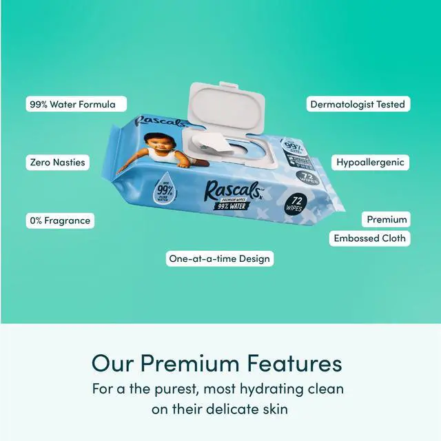 Alt view image 2 of 7 - Rascals 99% Water Premium Fragrance Free Baby Wipes, 216 Count