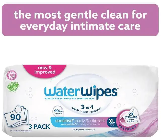 Main image of WaterWipes Sensitive Body & Intimate Wipes, 99.9% Water, Unscented & Hypoallergenic Hygiene Wet Wipes, Adult Care, 90 Wipes