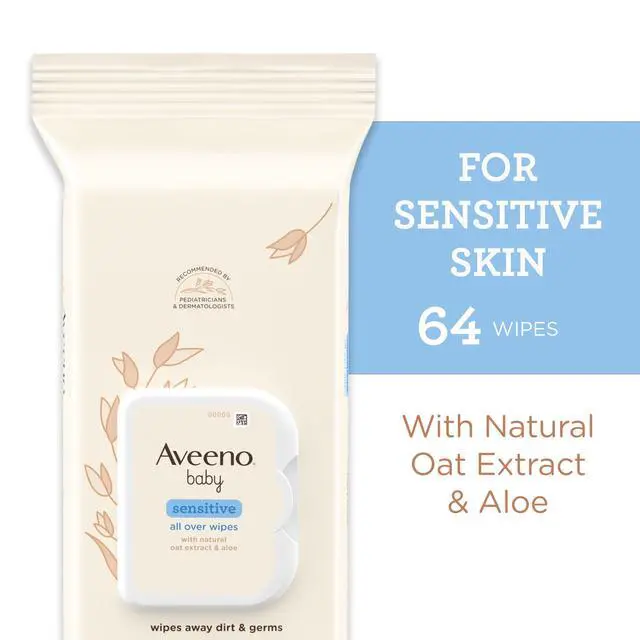 Alt view image 3 of 6 - (2 pack) Aveeno Baby All Over Baby Wipes For Sensitive Skin with Oat and Aloe, Alcohol Free & Unscented, 64 Ct