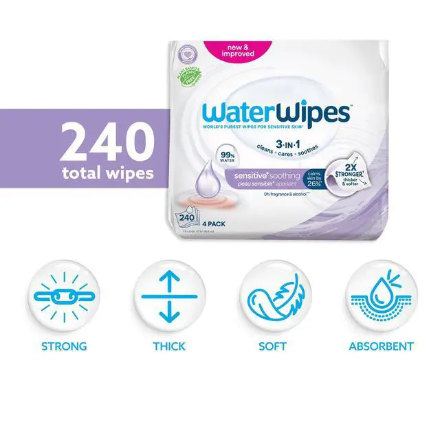 Alt view image 5 of 7 - WaterWipes Sensitive Soothing, 99% Water with Botanical Extract, Unscented Baby Wipes, 240 Wipes