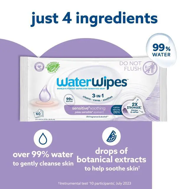 Alt view image 7 of 7 - WaterWipes Sensitive Soothing, 99% Water with Botanical Extract, Unscented Baby Wipes, 240 Wipes