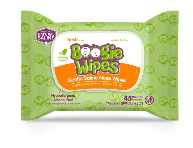 Alt view image 2 of 6 - Boogie Wipes Saline Nose Wipes, Hypoallergenic & Alcohol-Free, Fresh Scent, 45 Count