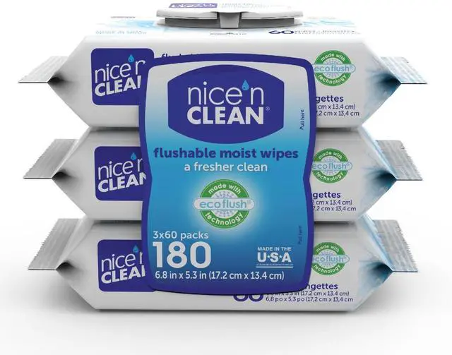 Main image of Nice N Clean Plant-Based Flushable Wet Wipes, 3 Flip-Top Packs (180 Total Wipes)