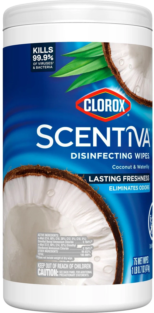 Main image of Clorox Scentiva Bleach Free Cleaning Wipes, Coconut and Waterlily, 225 Count, 3 Pack