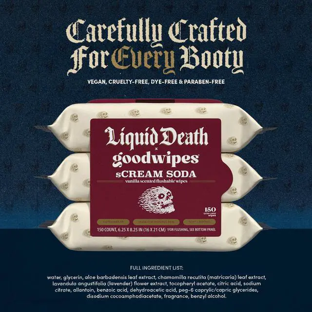 Main image of goodwipes Flushable Butt Wipes, Liquid Death sCream Soda Scented, 3 Pack, 150 Total XL Wipes