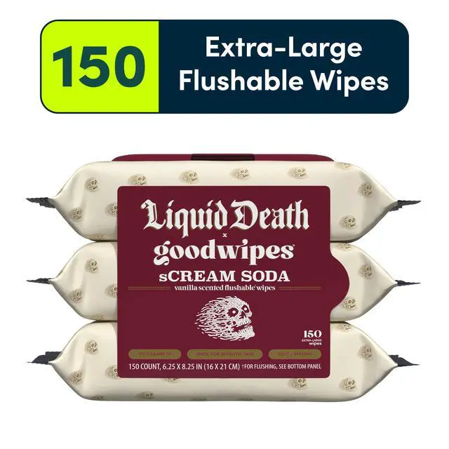 Alt view image 6 of 7 - goodwipes Flushable Butt Wipes, Liquid Death sCream Soda Scented, 3 Pack, 150 Total XL Wipes