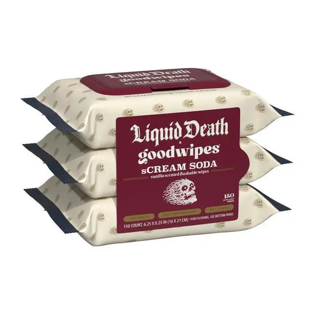 Alt view image 7 of 7 - goodwipes Flushable Butt Wipes, Liquid Death sCream Soda Scented, 3 Pack, 150 Total XL Wipes