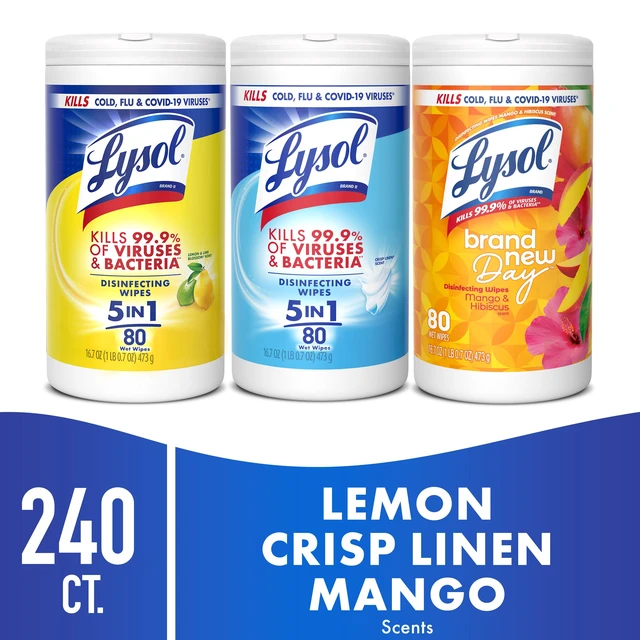 Alt view image 5 of 6 - Lysol Disinfecting Wipes, All Purpose Cleaner, Multi Surface Antibacterial Cleaning Wipes, Cleaning Supplies, Lemon + Crisp Linen + Mango & Hibiscus Scent, 80 Count Each (Pack of 3)
