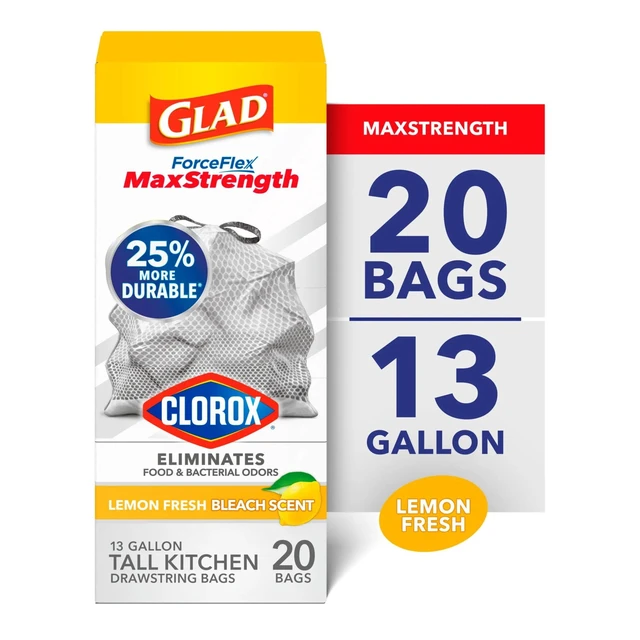 Alt view image 5 of 6 - Glad ForceFlex MaxStrength 13-Gallon Drawstring Tall Kitchen Bags, Lemon Fresh Bleach Scent, 20 Bags