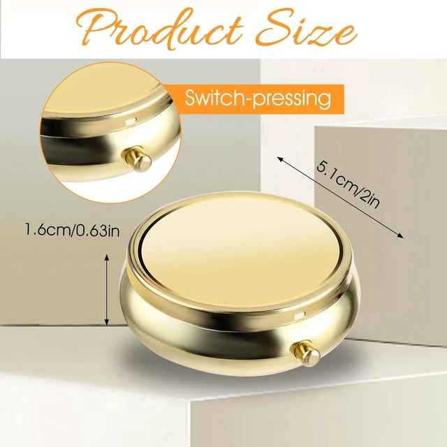 Alt view image 5 of 6 - WLLHYF Small Pill Box Metal Waterproof Travel Medicine Organizer for Purse and Pocket, Vitamins Fish Oil Supplements, Gold