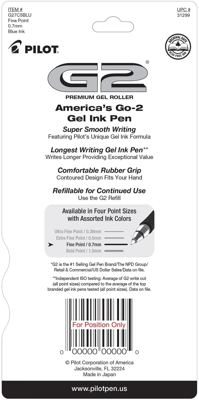 Alt view image 2 of 6 - PILOT G2 Premium Gel Roller Pens, Blue Ink, Fine Point, 5-Pack