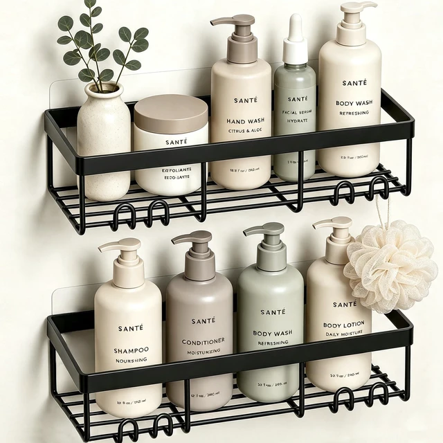 Main image of Moforoco Self Adhesive Black Shower Caddy Shelf Organizer Rack, Bathroom Shelves Basket, Farmhouse Wall Decor for RV, Camper, Apartment Essentials