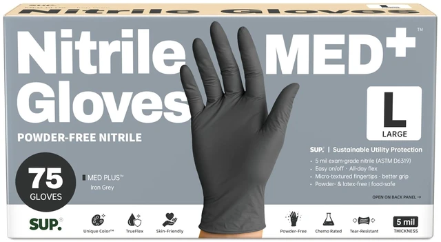 Main image of SUP Med Plus 5 Mil Nitrile Gloves Powder-Free Disposable Black 75 | 750Ct