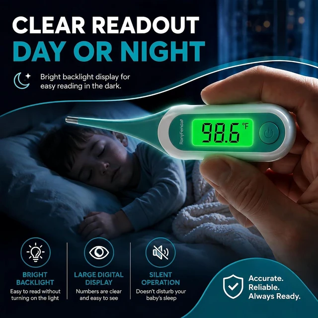 Alt view image 2 of 6 - Digital Oral Thermometer for Adults and Kids, 8-Second Fast Reading, Soft Flexible Tip, 3-Color Backlight Fever Alarm, Waterproof, Oral, Rectal, Underarm Use, with Storag
