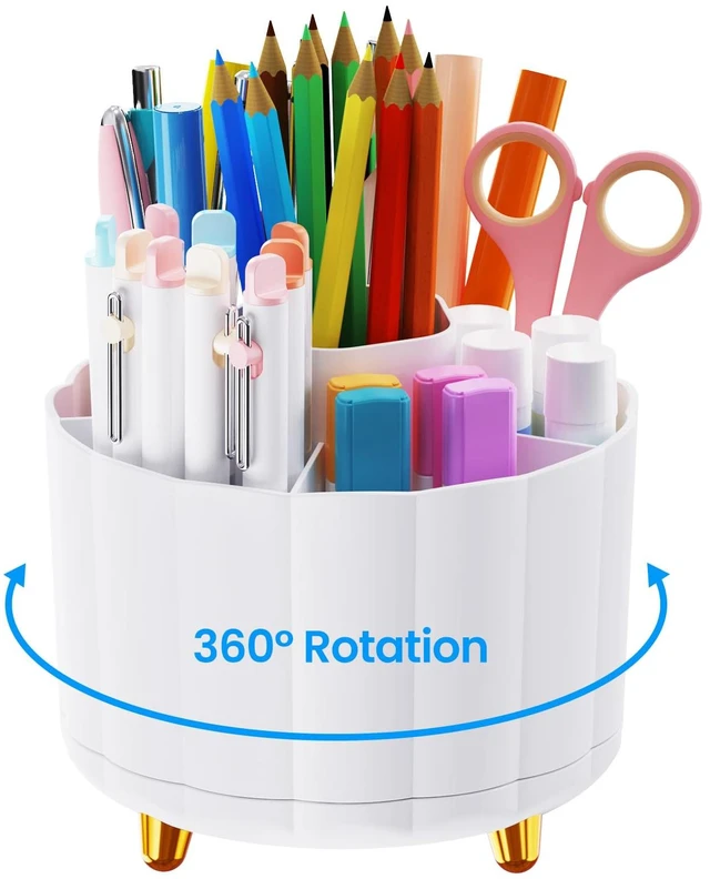 Main image of 360 Rotating Pencil Holder with 6 Slots, White Desk Organizer, Cute Office Supplies for Home School Office
