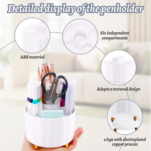 Alt view image 4 of 6 - 360 Rotating Pencil Holder with 6 Slots, White Desk Organizer, Cute Office Supplies for Home School Office