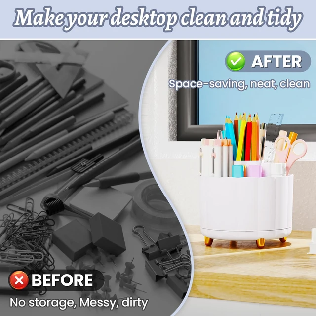 Alt view image 5 of 6 - 360 Rotating Pencil Holder with 6 Slots, White Desk Organizer, Cute Office Supplies for Home School Office