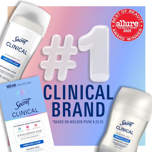 Alt view image 6 of 6 - Secret Clinical Strength 100HR Invisible Solid Antiperspirant & Deodorant for Women, 3X Stress Protection, Hyaluronic Acid, PH Balanced, Completely Clean Scent, 0.5 oz