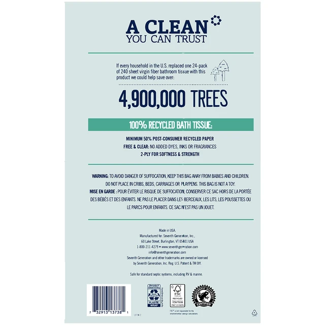 Alt view image 6 of 6 - Seventh Generation 2-Ply Bath Tissue Toilet Paper, Chlorine Free, 100% Recycled, 4 Count (Pack of 1)