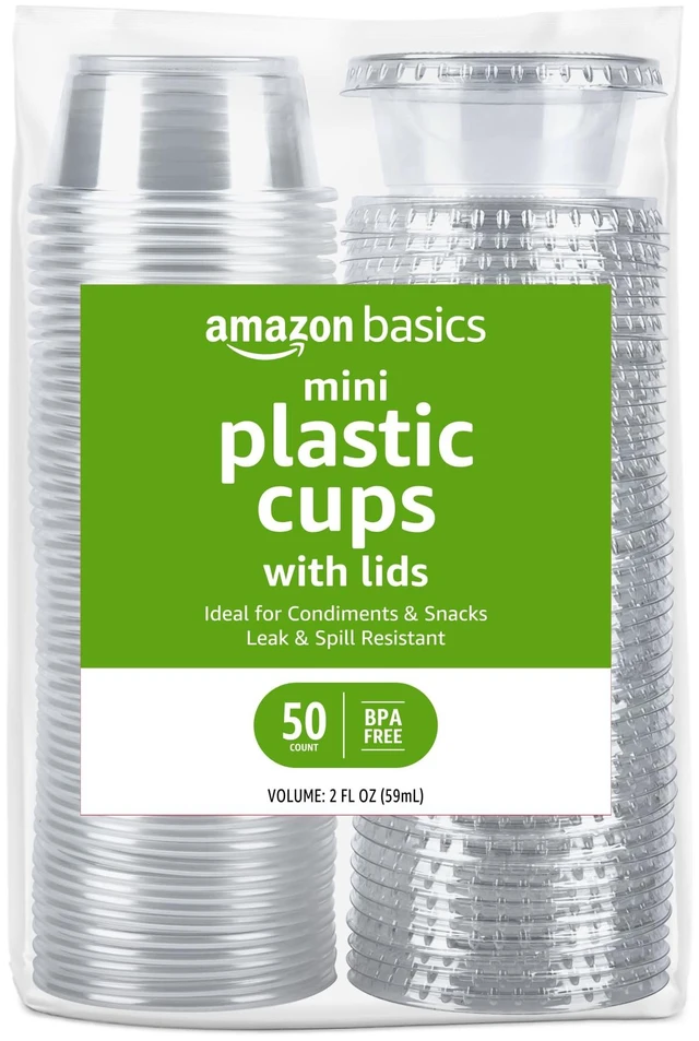 Main image of Amazon Basics Mini 2oz Disposable Plastic To-Go Cups and Lids, 50 Count, BPA Free, for Condiment, Salad Dressing, Sauces, Jello Shots