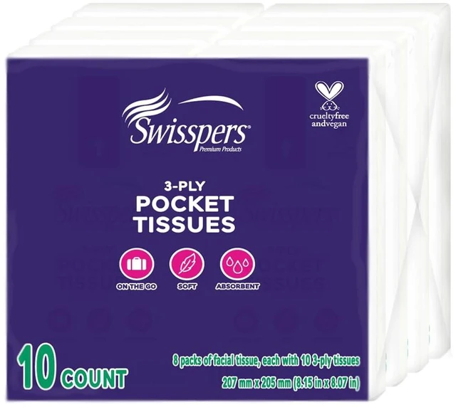 Main image of Swisspers Pocket Tissues 3-Ply White, 10 Count (Pack of 8)