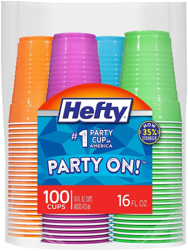 Main image of Hefty Party On Disposable Plastic Cups, 16 oz, 100 Count, Assorted