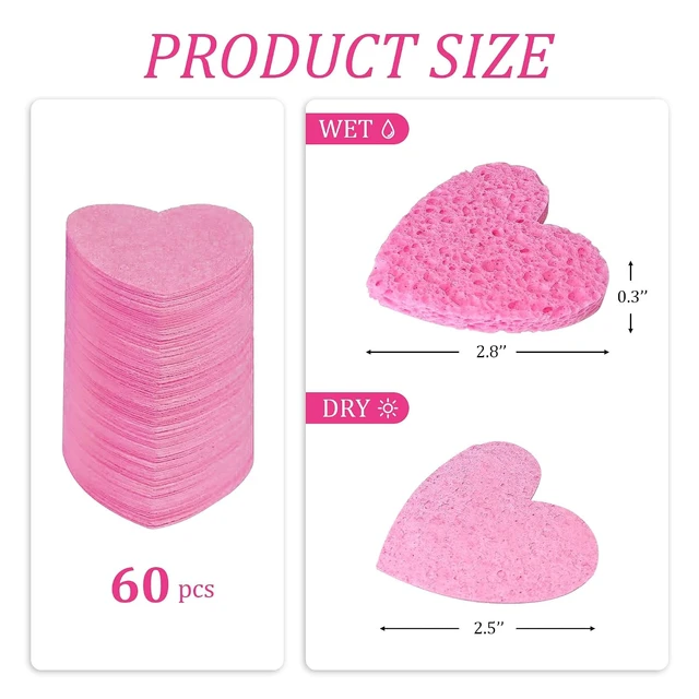 Alt view image 4 of 6 - 50-Count Compressed Cellulose Heart Shape Facial Sponges, Pink