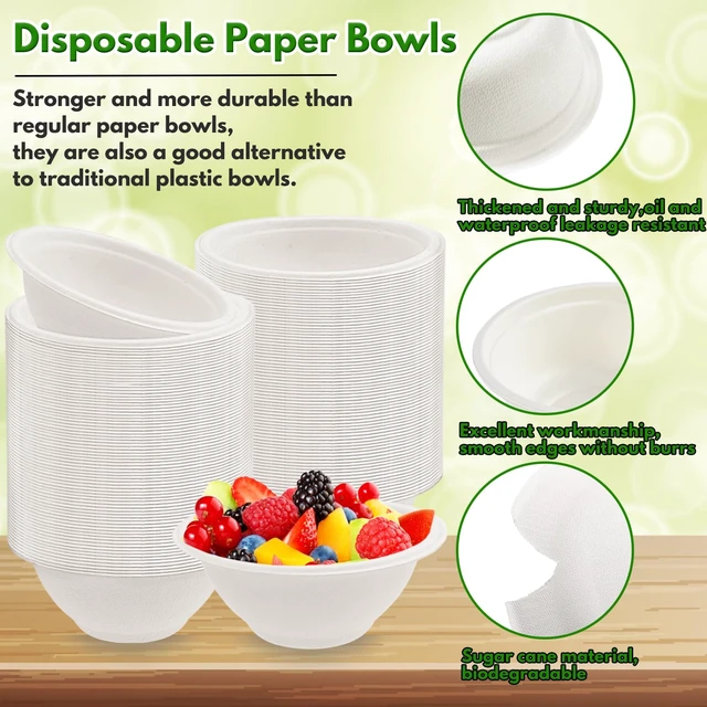 Alt view image 4 of 7 - 100-Pack 8oz Heavy-Duty Compostable Bagasse Paper Bowls