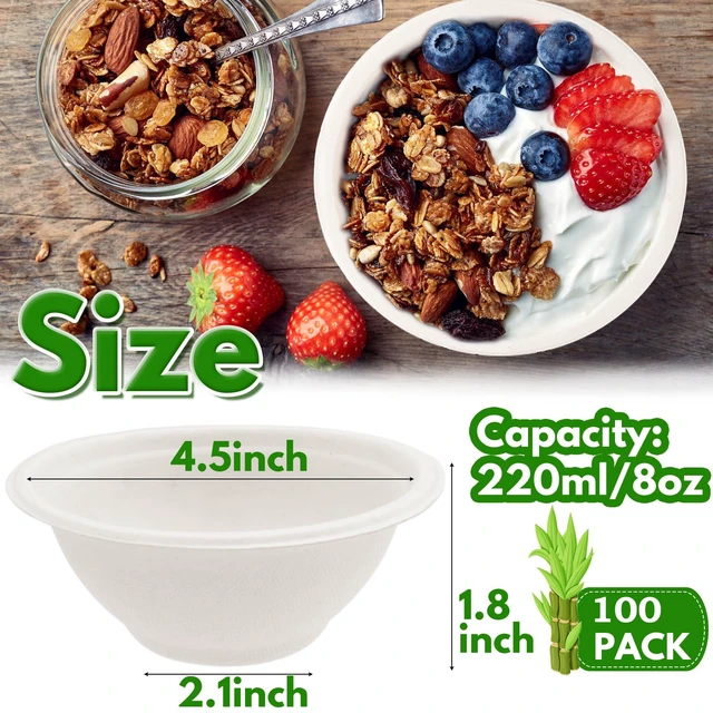 Alt view image 7 of 7 - 100-Pack 8oz Heavy-Duty Compostable Bagasse Paper Bowls