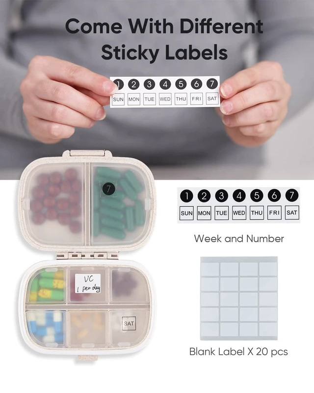Alt view image 2 of 6 - Holii 8 Compartments Travel Pill Organizer, Portable Pill Case, Daily Pill Box for Pocket Purse (Khaki)