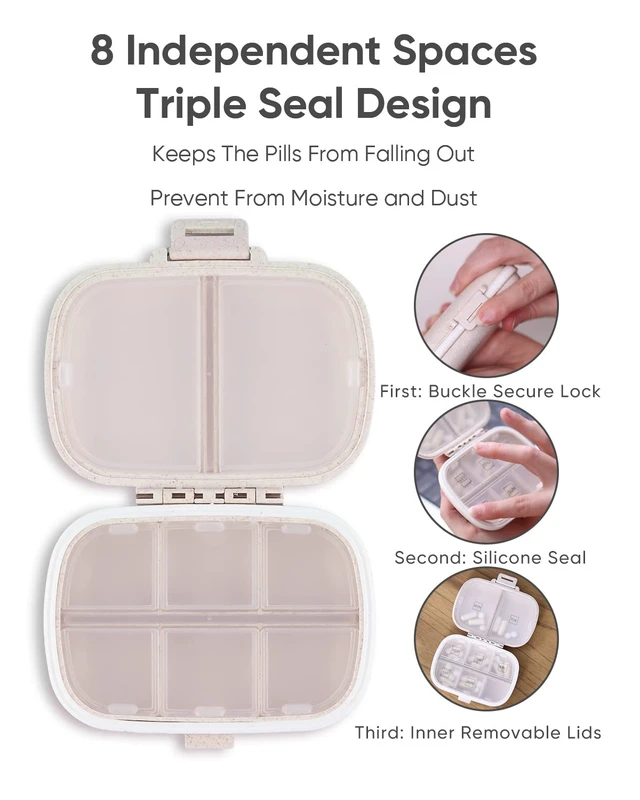 Alt view image 3 of 6 - Holii 8 Compartments Travel Pill Organizer, Portable Pill Case, Daily Pill Box for Pocket Purse (Khaki)