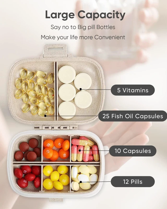 Alt view image 6 of 6 - Holii 8 Compartments Travel Pill Organizer, Portable Pill Case, Daily Pill Box for Pocket Purse (Khaki)