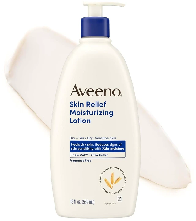 Main image of Aveeno Skin Relief Moisturizing Body Lotion, 18 fl oz, Heals Very Dry Sensitive Skin, Fast Absorbing with Soothing Triple Oat Shea Butter, Fragrance Free, Non-Comedogenic