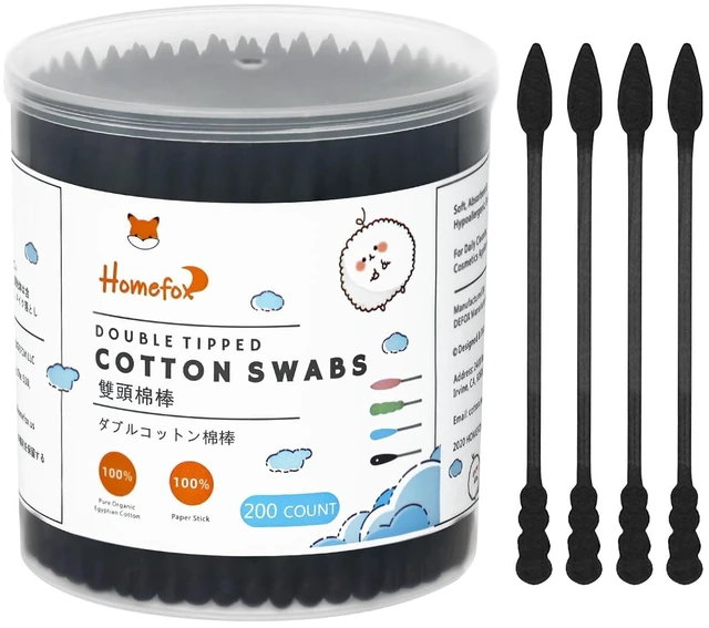 Main image of Spiral Pointed Black Cotton Swabs, 200 Count - Organic Cotton Buds, Double Side Tightly Wrapped, Paper Stick, Soft Gentle Lint-Free