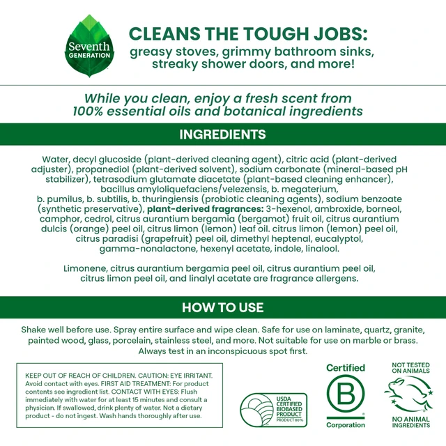 Alt view image 4 of 6 - Seventh Generation Ultra Deep Probiotic Multi Surface Cleaner, 9.4 Fl Oz, Grapefruit & Orange, 80% USDA Biobased All Purpose Cleaning Spray
