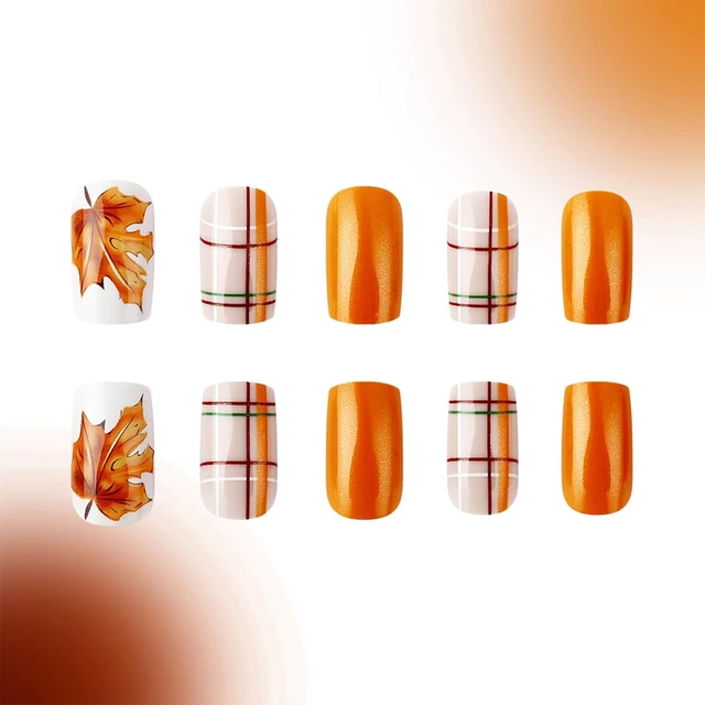 Alt view image 2 of 7 - 24 Pcs Press on Nails Square Fall Orange Glitter Maple Leaf Design Acrylic Medium Length Glossy Glue on Reusable Artificial for Women
