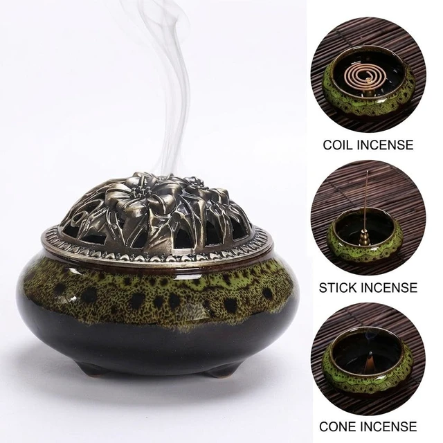 Alt view image 3 of 6 - Ceramic Incense Burner Set, Vintage Kiln-Changed Censer with Alloy Holder for Coil Cone Stick Incense, with Clip & Fireproof Mat